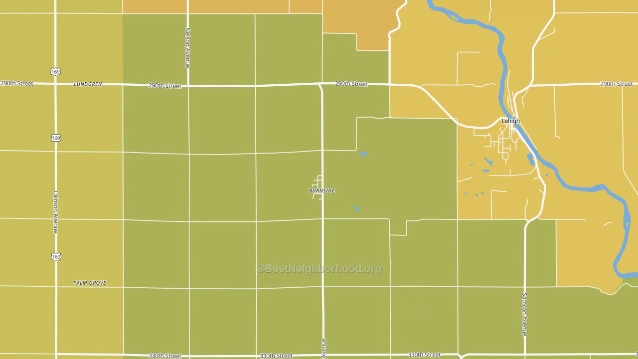 Map of the best neighborhoods in the Burnside area, with better matches in green and worse matches in red