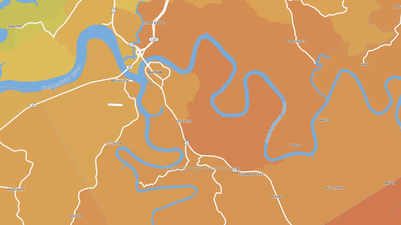 Map of the best neighborhoods in the Burnside area, with better matches in green and worse matches in red