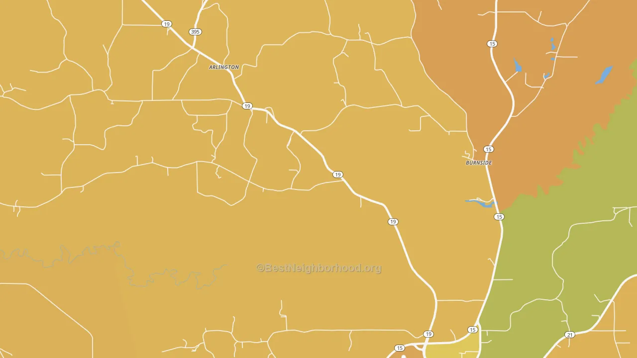 Map of the best neighborhoods in the Burnside area, with better matches in green and worse matches in red