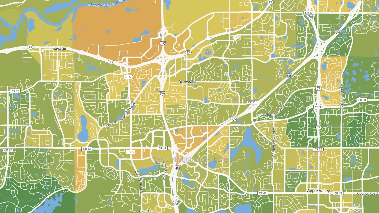 Map of the best neighborhoods in the Burnsville area, with better matches in green and worse matches in red