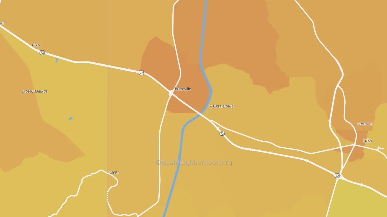 Map of the best neighborhoods in the Burnsville area, with better matches in green and worse matches in red