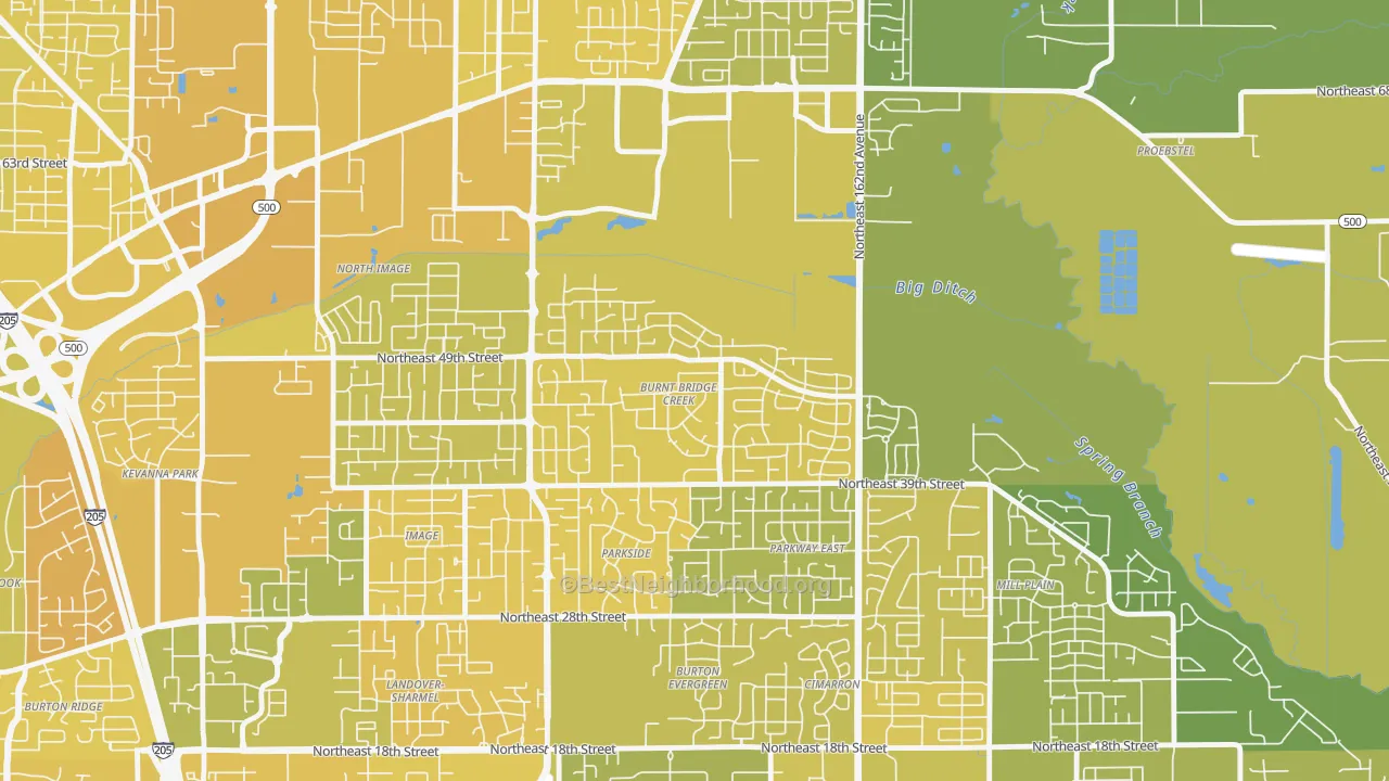 Map of the best neighborhoods in the Burnt Bridge Creek, Vancouver area, with better matches in green and worse matches in red