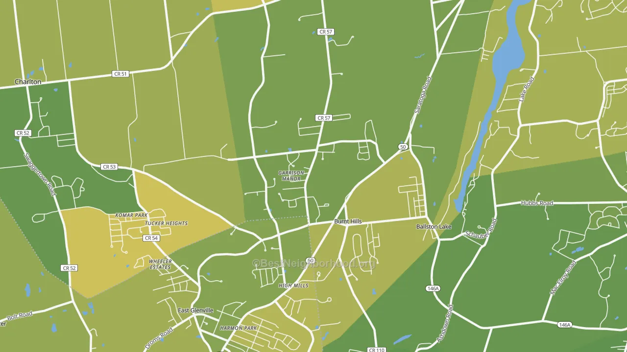 Map of the best neighborhoods in the Burnt Hills area, with better matches in green and worse matches in red