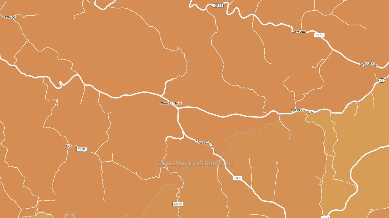 Map of the best neighborhoods in the Burnt House area, with better matches in green and worse matches in red