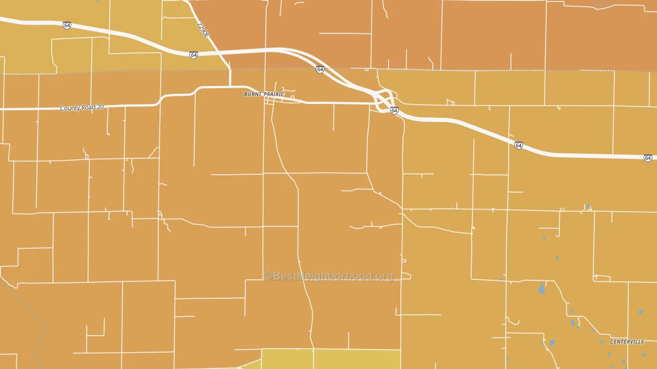 Map of the best neighborhoods in the Burnt Prairie area, with better matches in green and worse matches in red