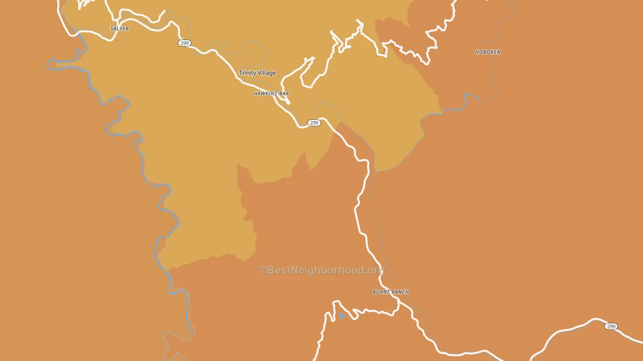 Map of the best neighborhoods in the Burnt Ranch area, with better matches in green and worse matches in red