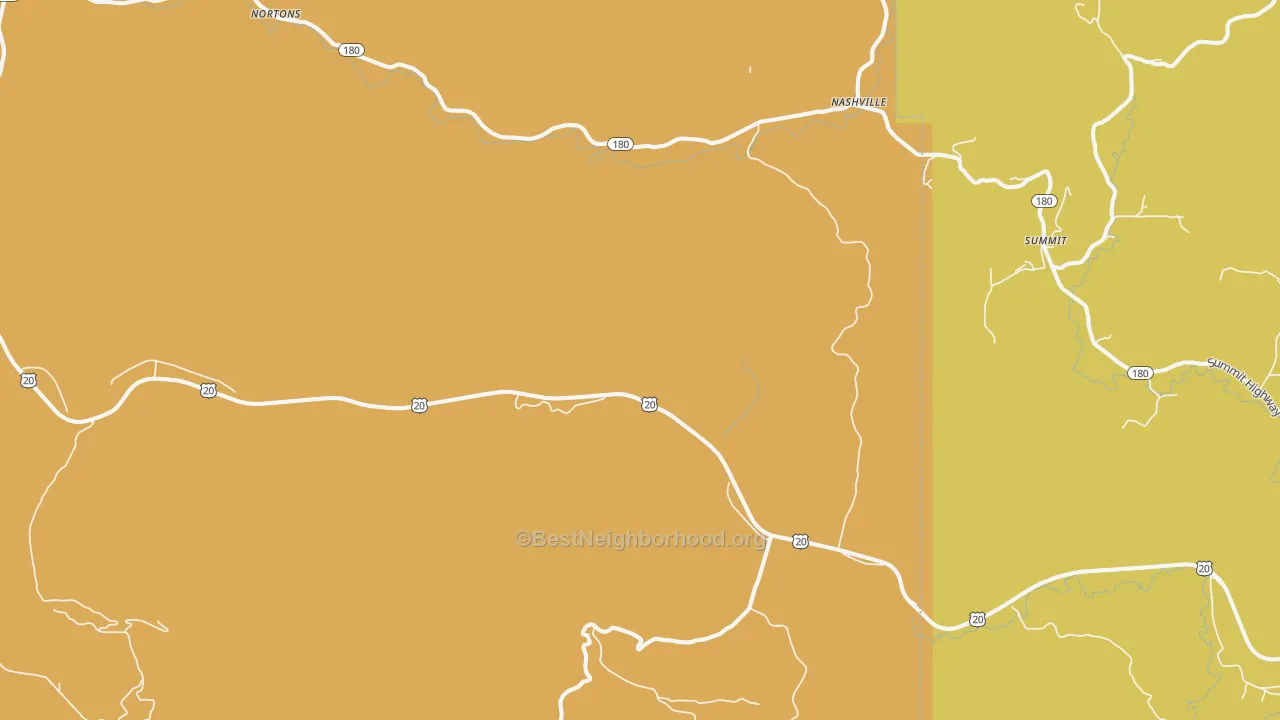 Map of the best neighborhoods in the Burnt Woods area, with better matches in green and worse matches in red
