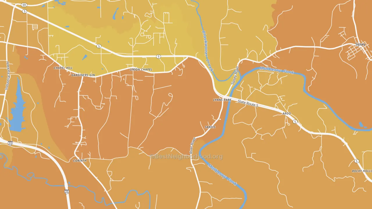 Map of the best neighborhoods in the Burnwell area, with better matches in green and worse matches in red