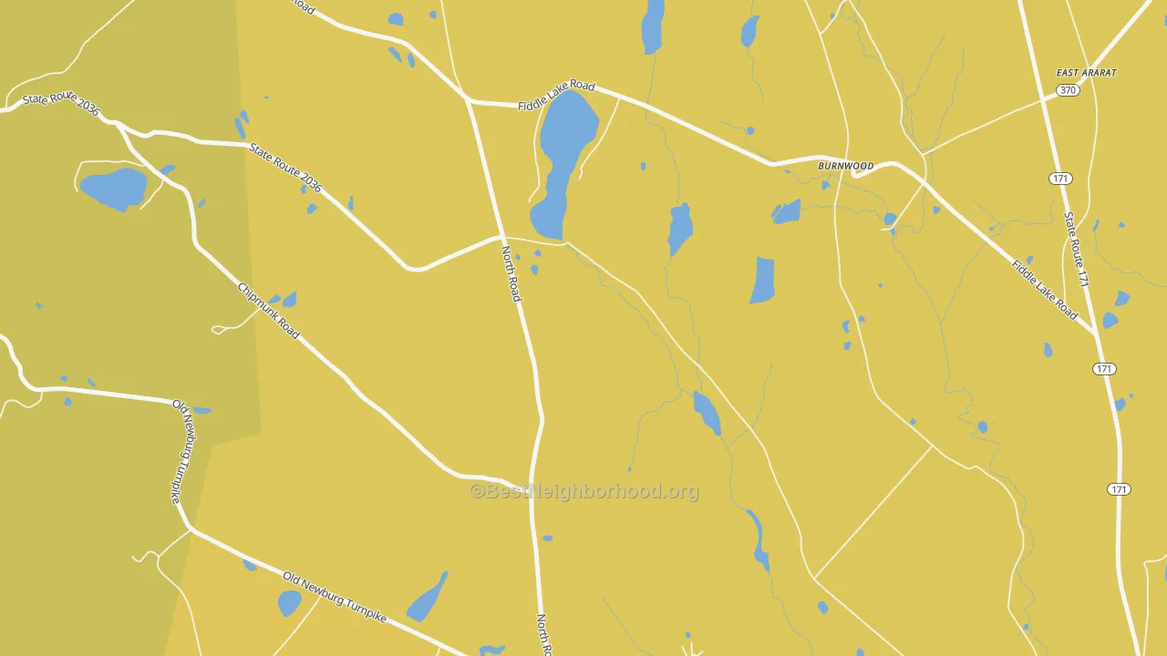 Map of the best neighborhoods in the Burnwood area, with better matches in green and worse matches in red