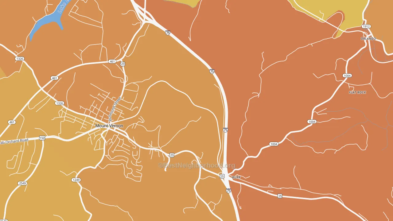 Map of the best neighborhoods in the Burr area, with better matches in green and worse matches in red