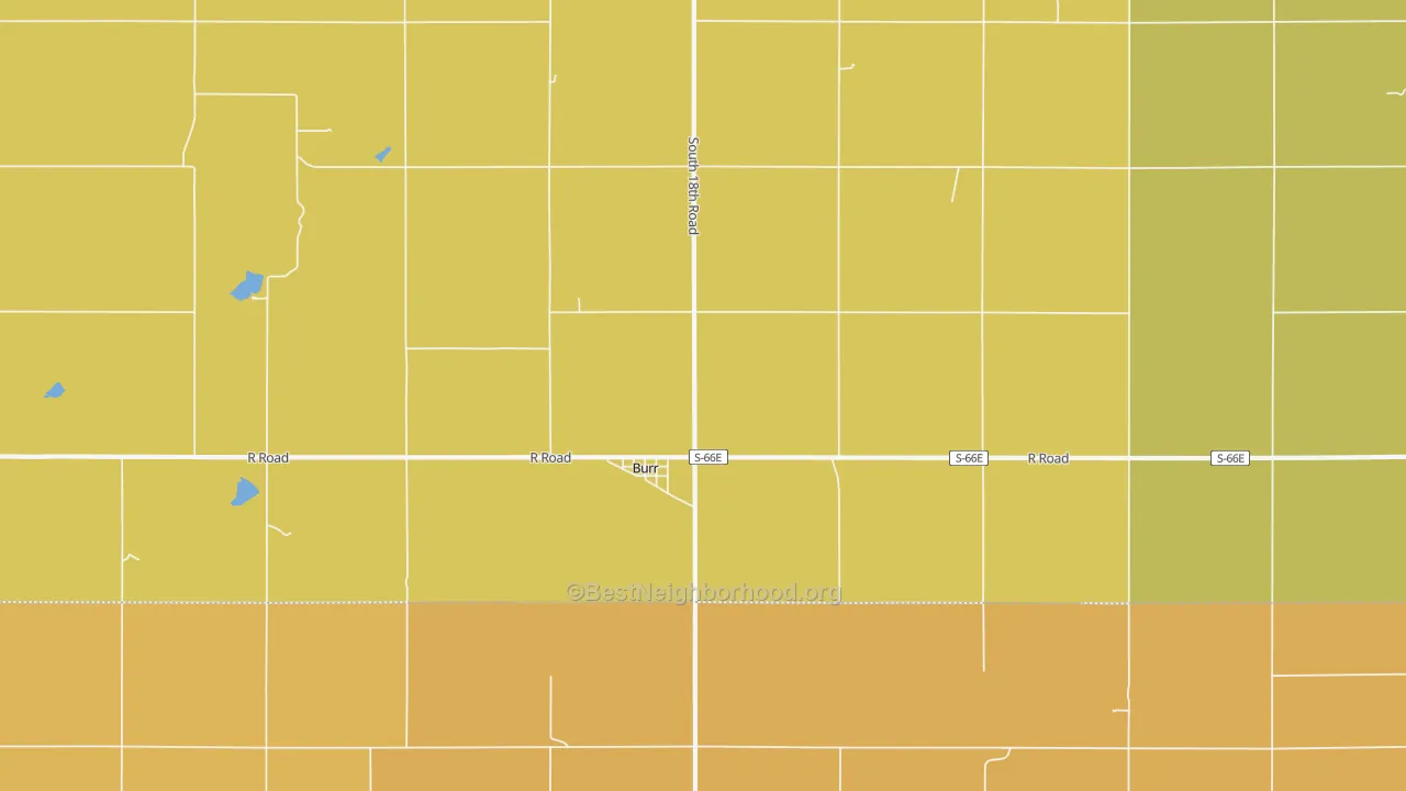 Map of the best neighborhoods in the Burr area, with better matches in green and worse matches in red
