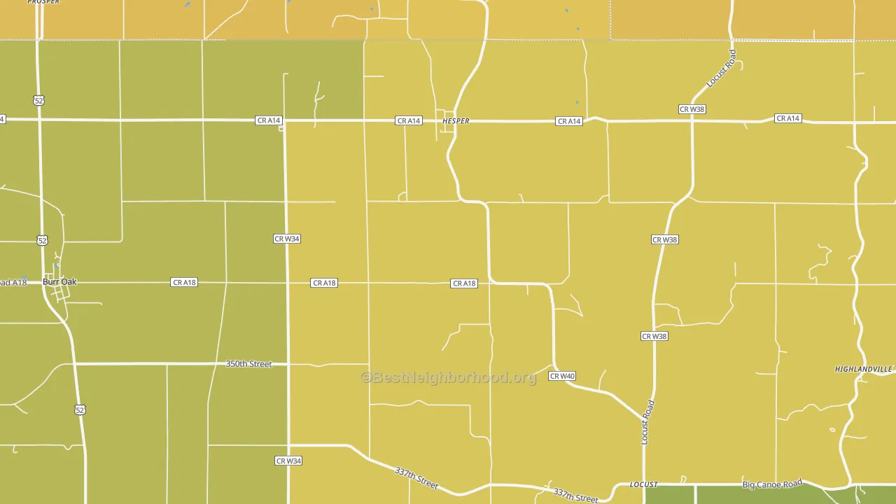 Map of the best neighborhoods in the Burr Oak area, with better matches in green and worse matches in red