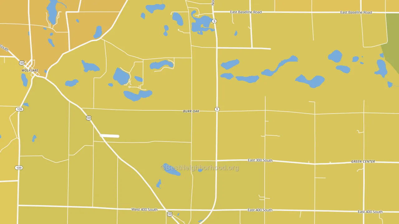 Map of the best neighborhoods in the Burr Oak area, with better matches in green and worse matches in red