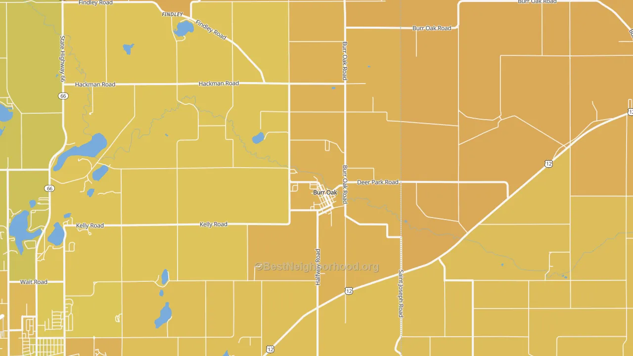 Map of the best neighborhoods in the Burr Oak area, with better matches in green and worse matches in red