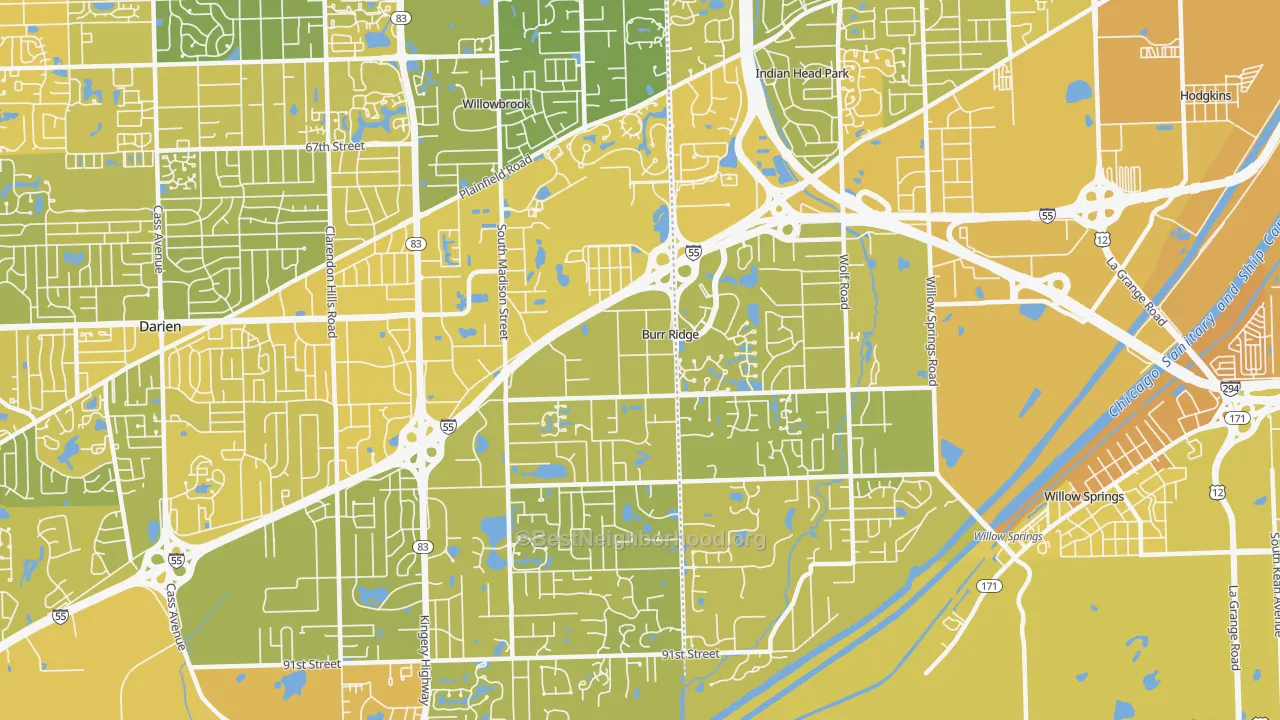 Map of the best neighborhoods in the Burr Ridge area, with better matches in green and worse matches in red