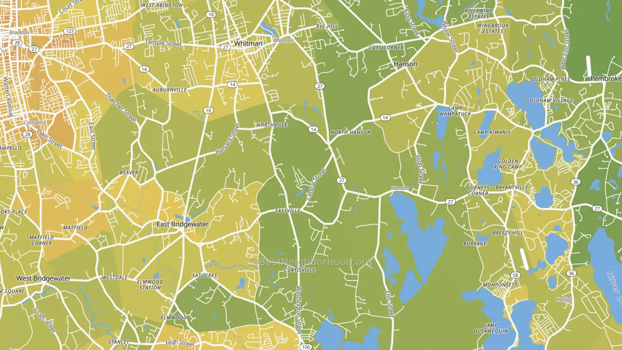 Map of the best neighborhoods in the Burrage, Hanson area, with better matches in green and worse matches in red