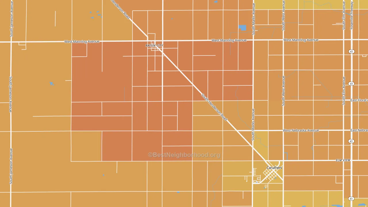 Map of the best neighborhoods in the Burrel area, with better matches in green and worse matches in red
