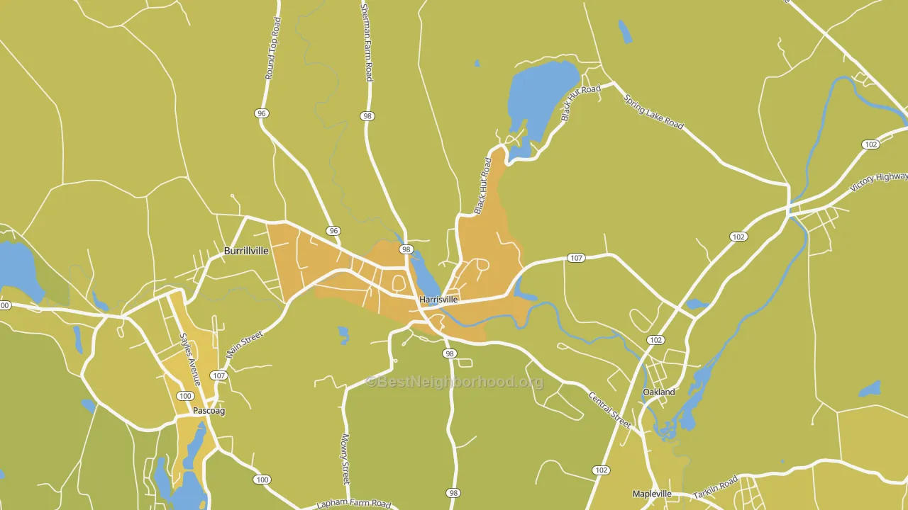 Map of the best neighborhoods in the Burrillville area, with better matches in green and worse matches in red