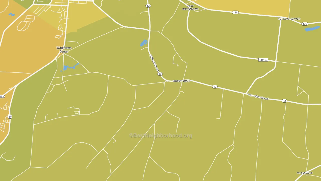 Map of the best neighborhoods in the Burrs Mills area, with better matches in green and worse matches in red