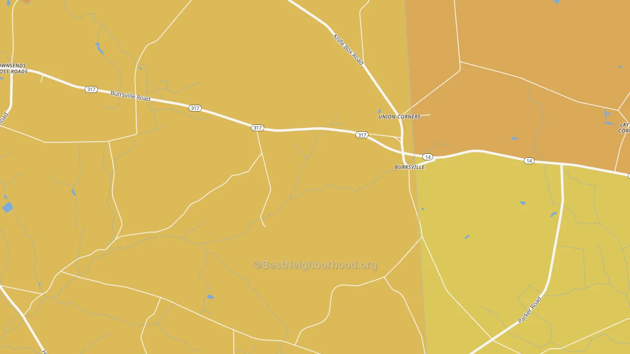 Map of the best neighborhoods in the Burrsville area, with better matches in green and worse matches in red