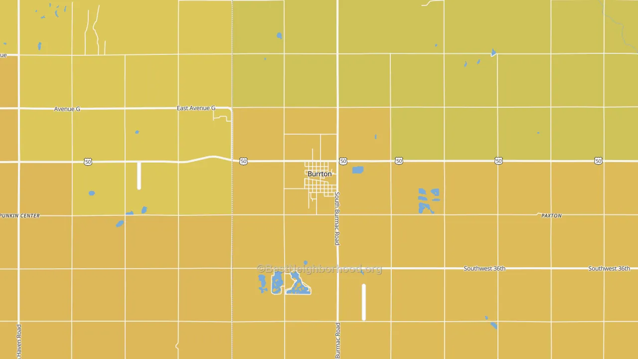 Map of the best neighborhoods in the Burrton area, with better matches in green and worse matches in red