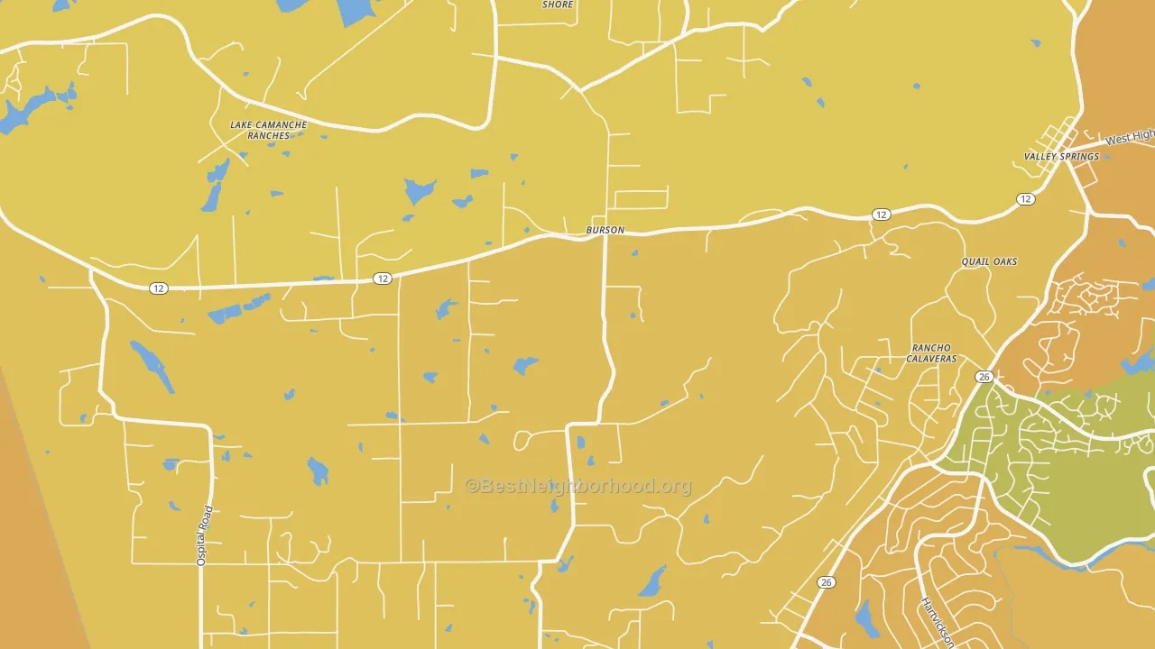 Map of the best neighborhoods in the Burson area, with better matches in green and worse matches in red