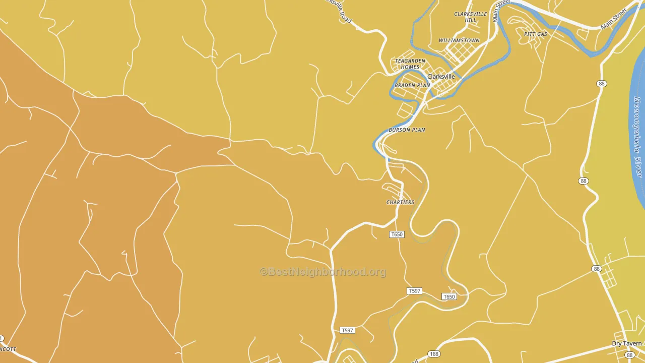 Map of the best neighborhoods in the Burson Plan area, with better matches in green and worse matches in red
