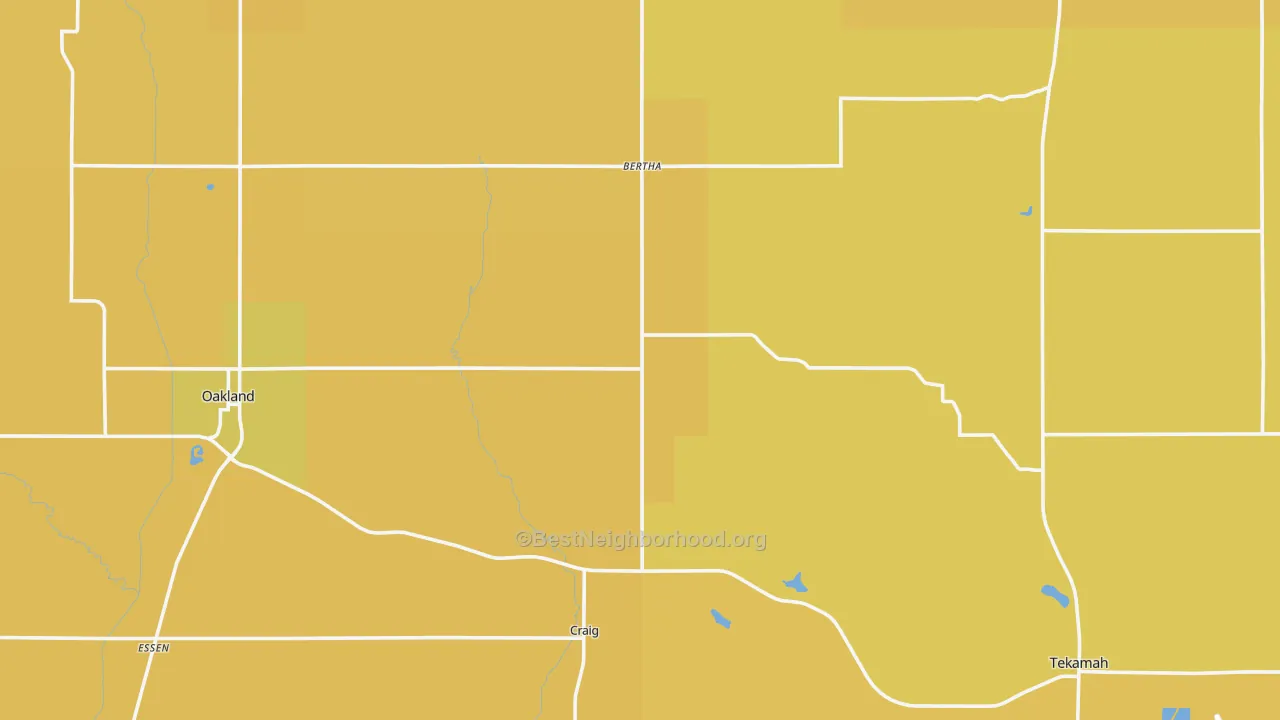 Map of the best neighborhoods in the Burt County area, with better matches in green and worse matches in red