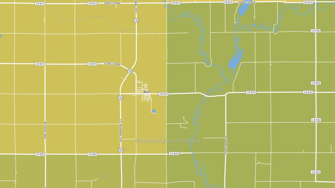 Map of the best neighborhoods in the Burt area, with better matches in green and worse matches in red