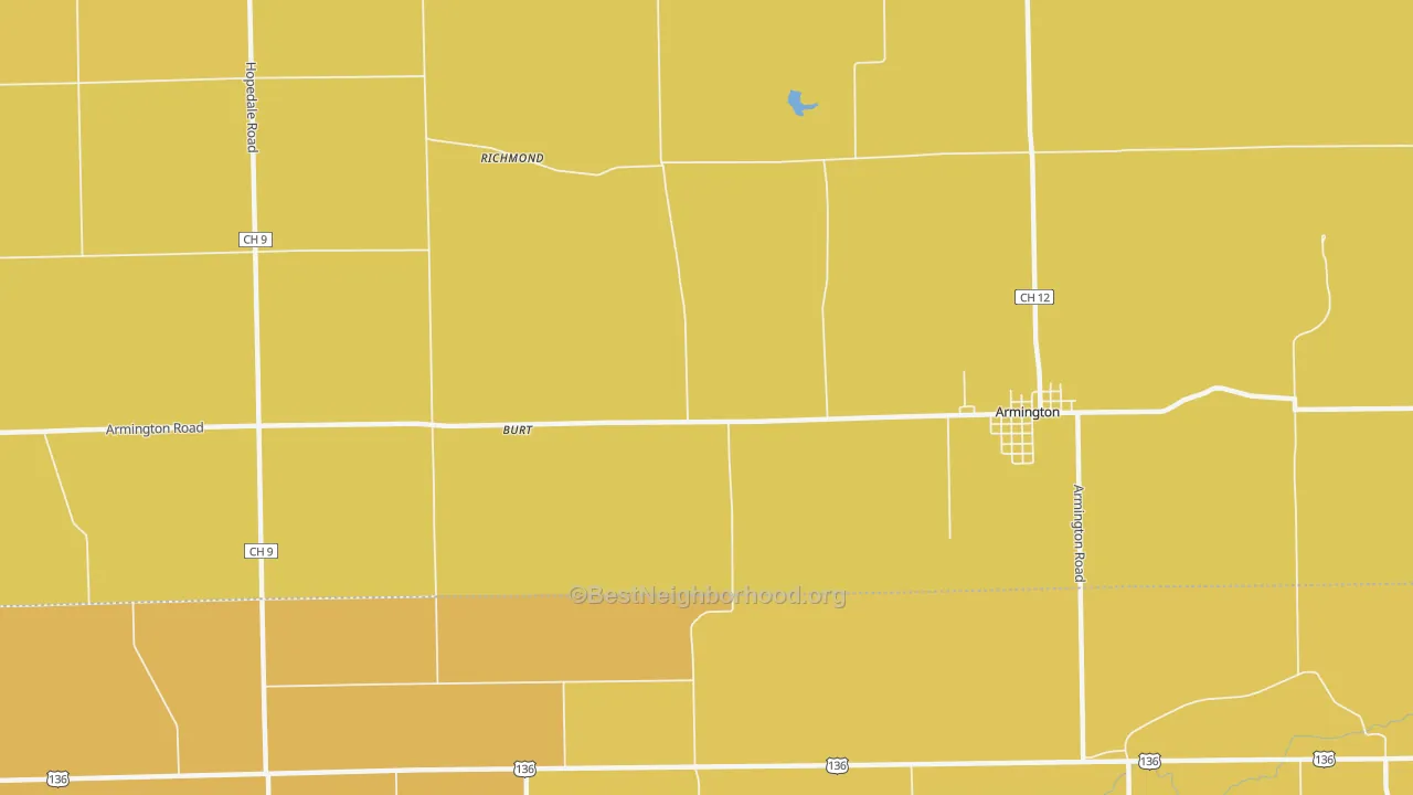 Map of the best neighborhoods in the Burt area, with better matches in green and worse matches in red