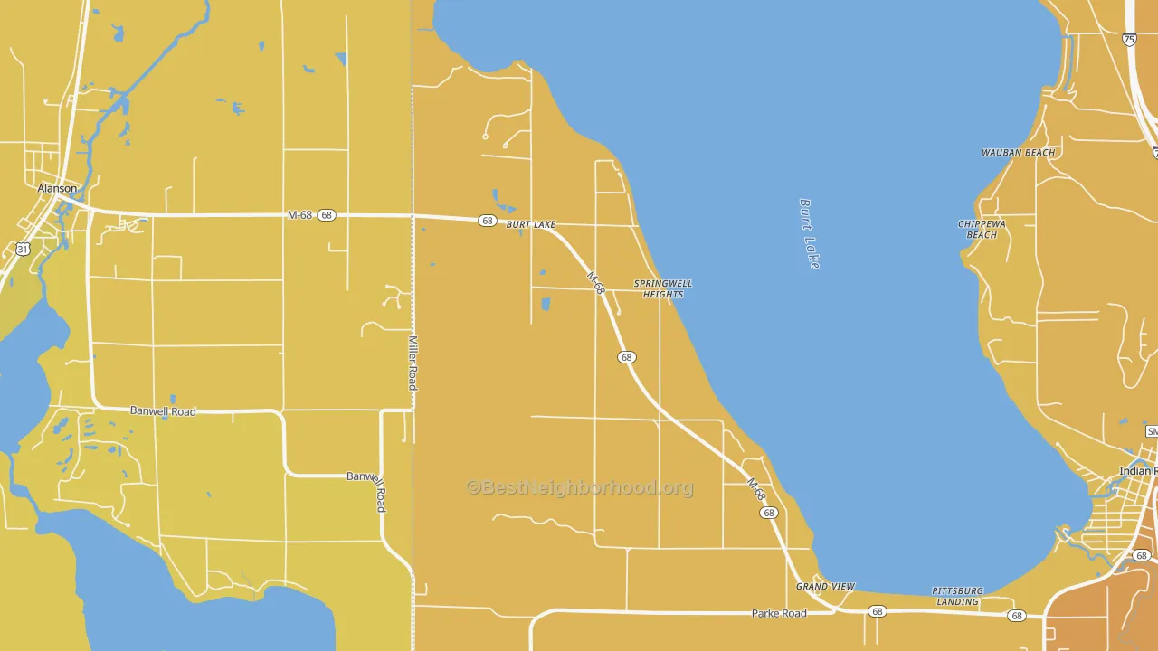 Map of the best neighborhoods in the Burt Lake area, with better matches in green and worse matches in red
