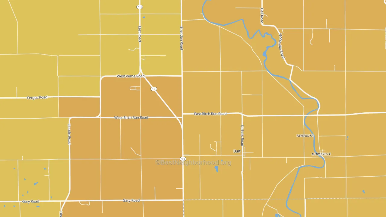 Map of the best neighborhoods in the Burt area, with better matches in green and worse matches in red