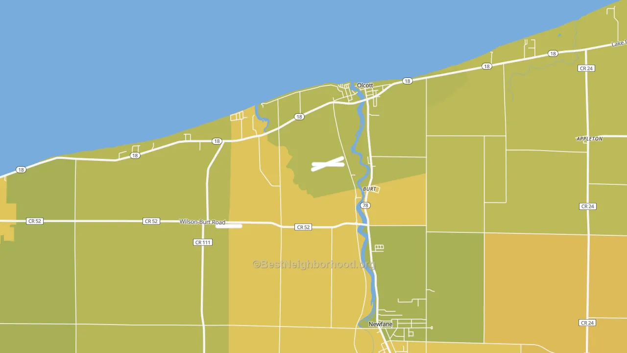 Map of the best neighborhoods in the Burt area, with better matches in green and worse matches in red