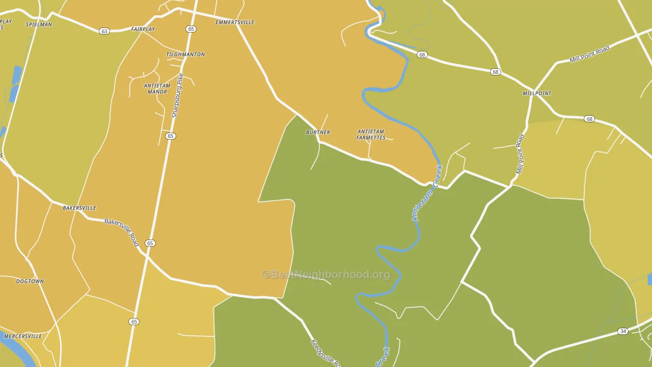 Map of the best neighborhoods in the Burtner area, with better matches in green and worse matches in red