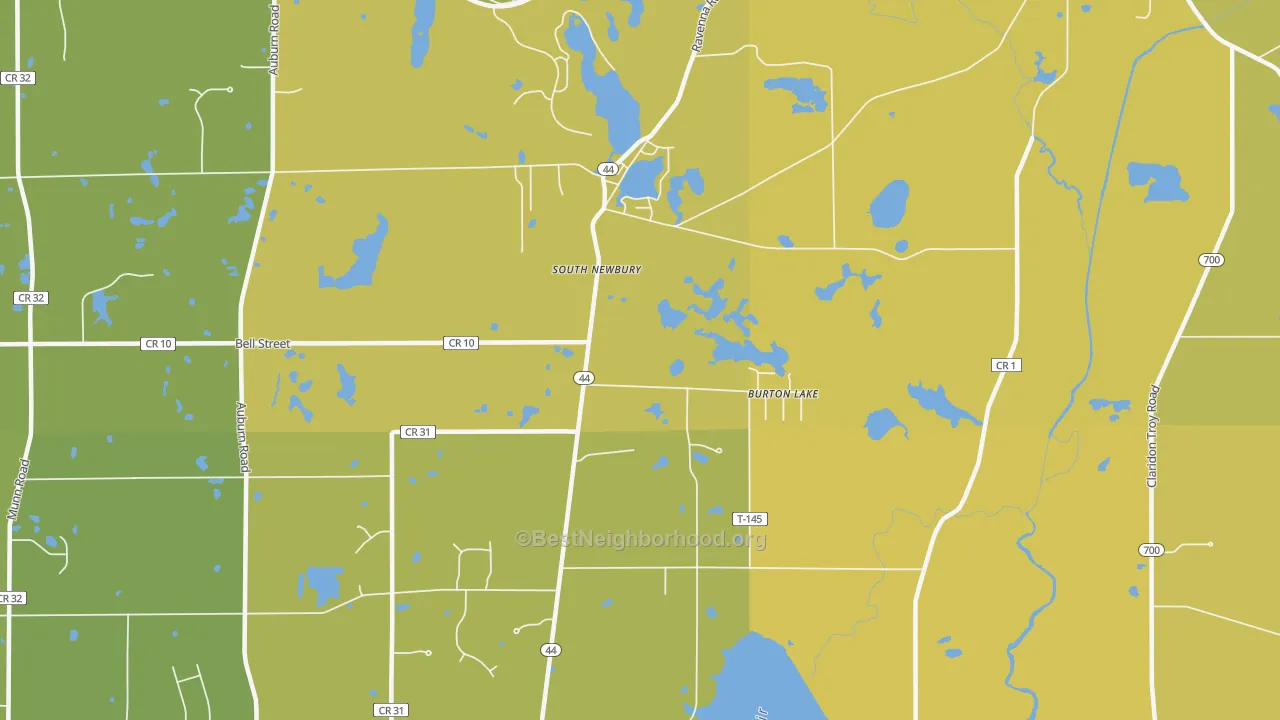 Map of the best neighborhoods in the Burton Lake area, with better matches in green and worse matches in red