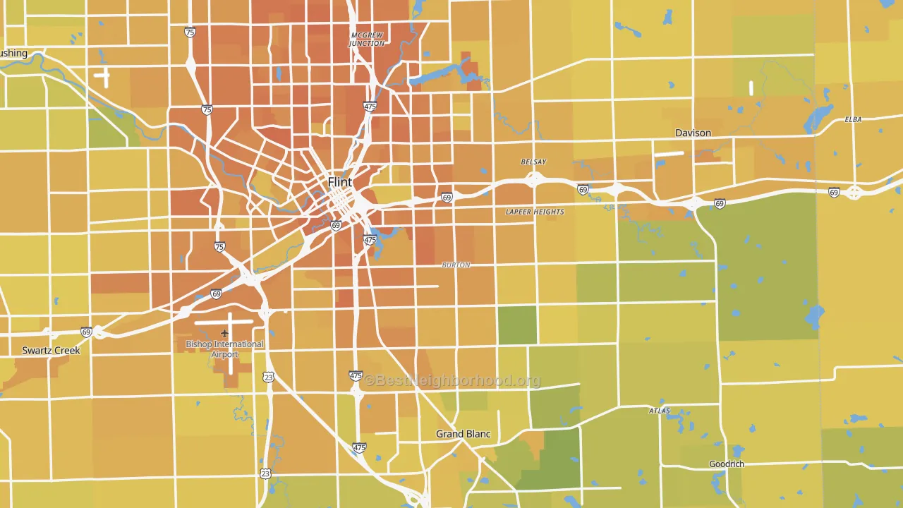 Map of the best neighborhoods in the Burton area, with better matches in green and worse matches in red