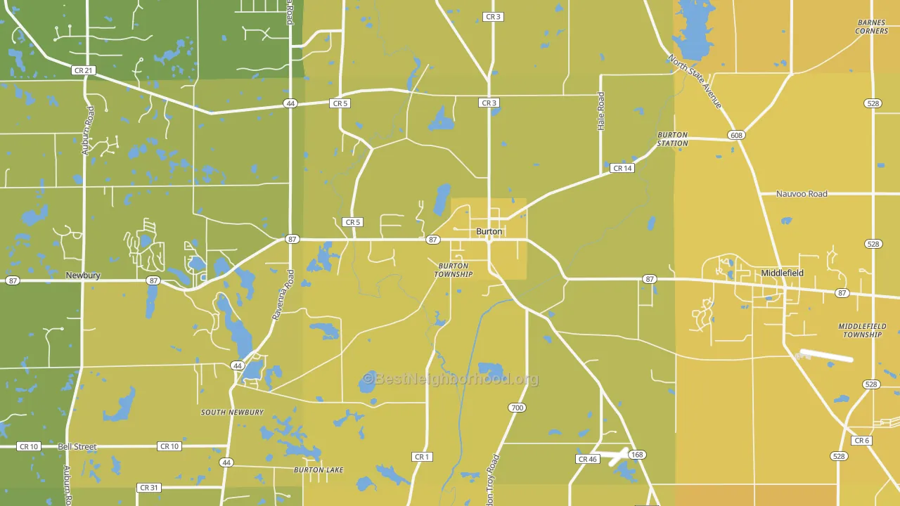 Map of the best neighborhoods in the Burton area, with better matches in green and worse matches in red
