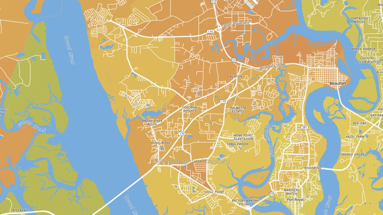 Map of the best neighborhoods in the Burton area, with better matches in green and worse matches in red