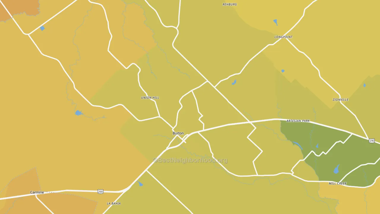 Map of the best neighborhoods in the Burton area, with better matches in green and worse matches in red