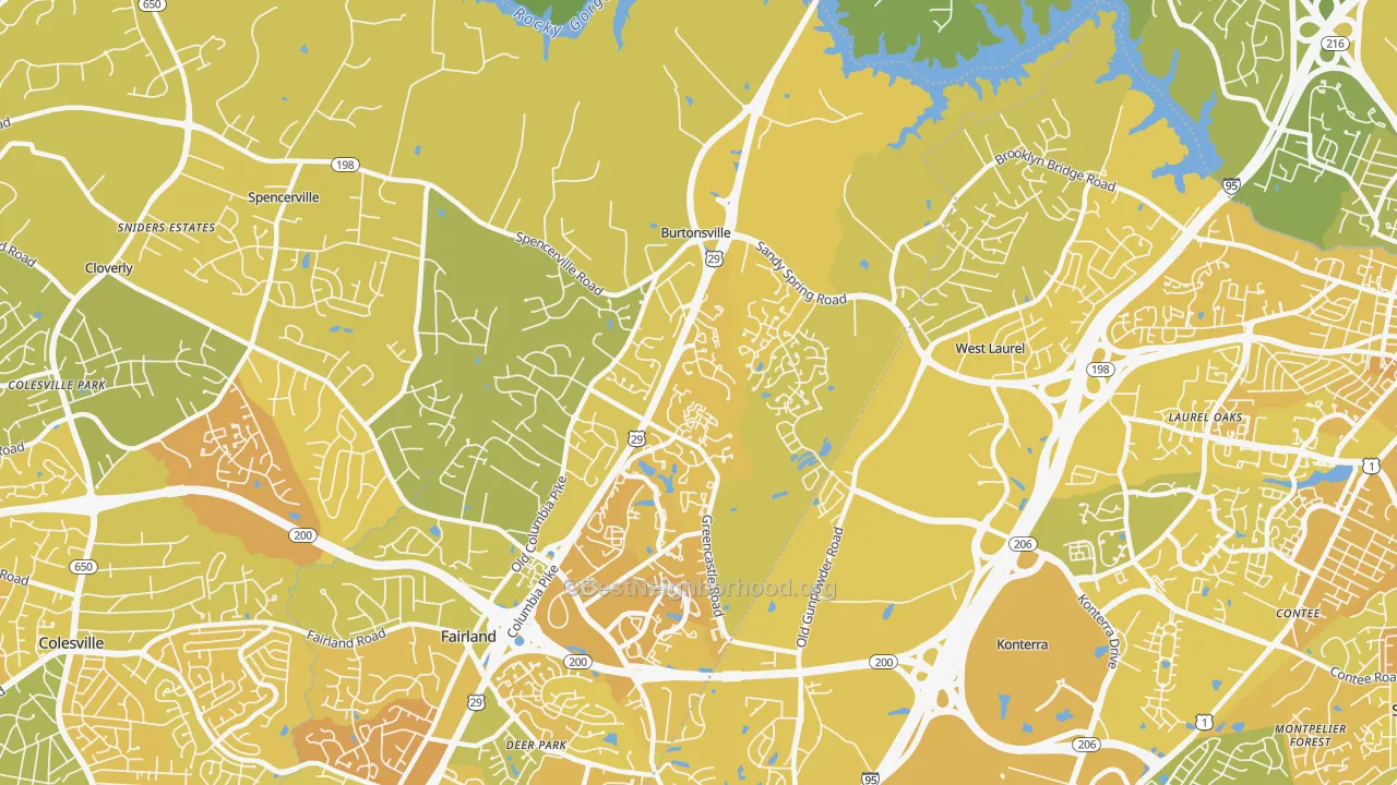 Map of the best neighborhoods in the Burtonsville area, with better matches in green and worse matches in red