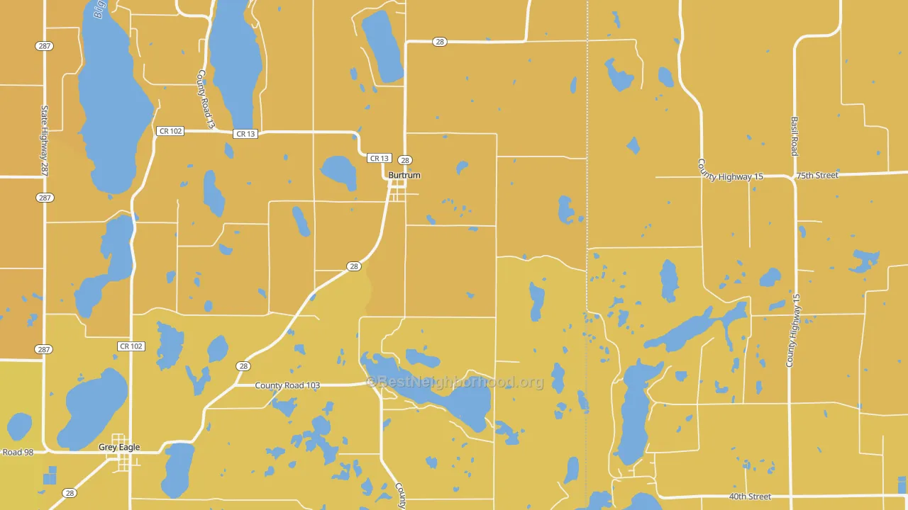 Map of the best neighborhoods in the Burtrum area, with better matches in green and worse matches in red