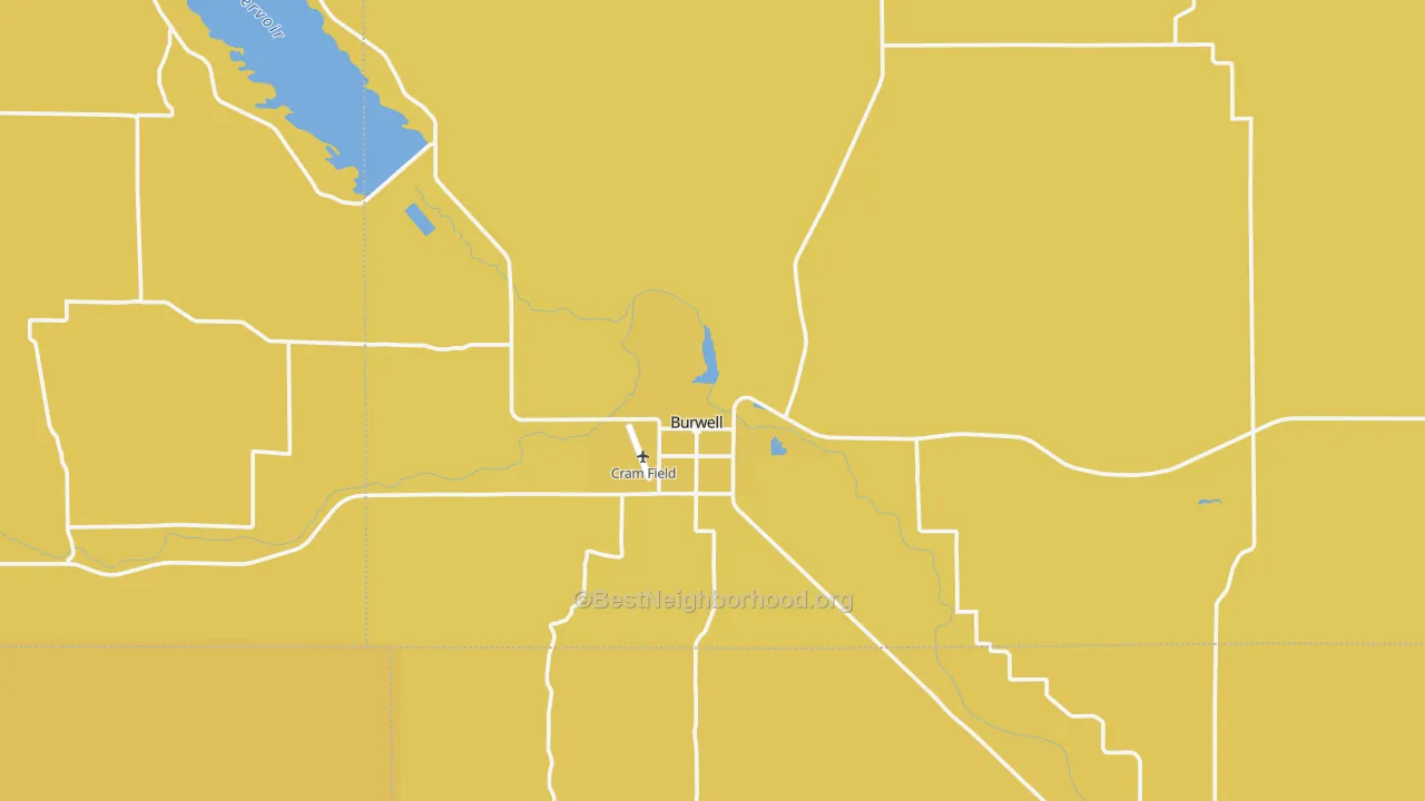 Map of the best neighborhoods in the Burwell area, with better matches in green and worse matches in red