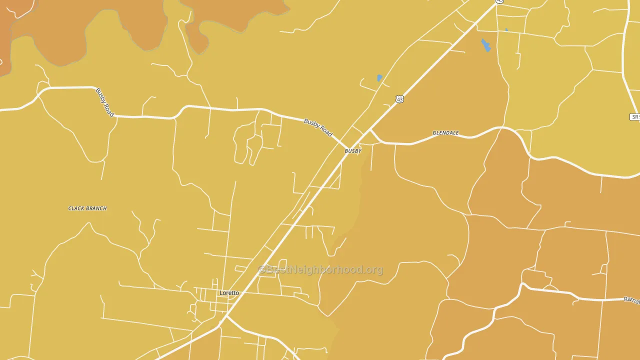Map of the best neighborhoods in the Busby area, with better matches in green and worse matches in red
