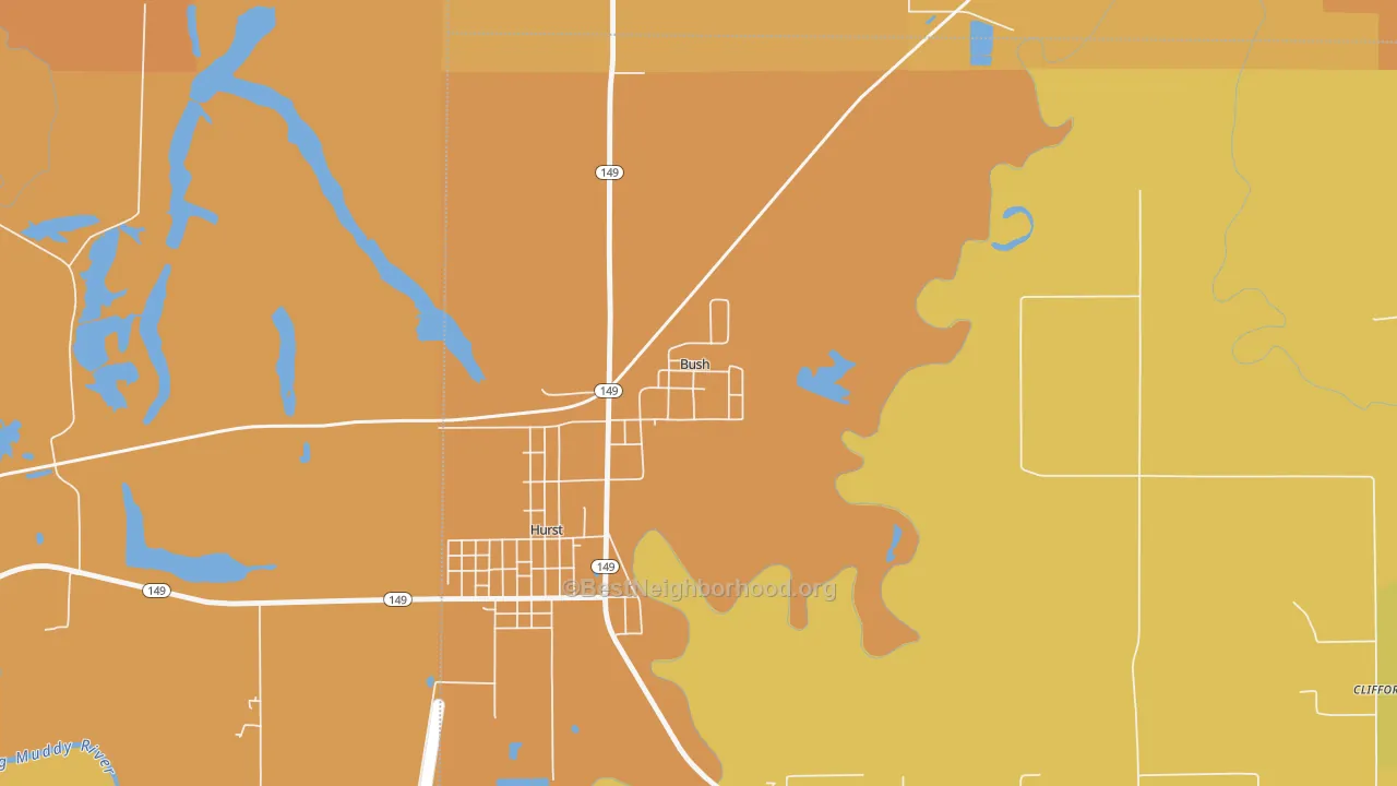 Map of the best neighborhoods in the Bush area, with better matches in green and worse matches in red