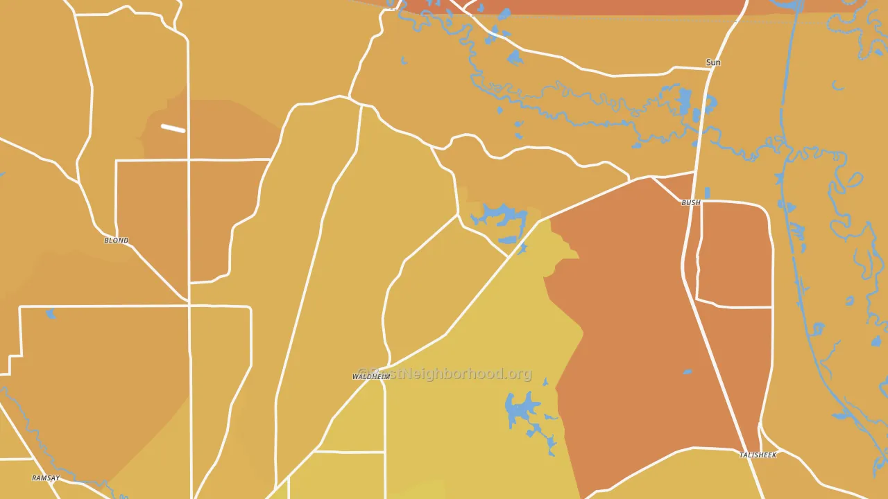 Map of the best neighborhoods in the Bush area, with better matches in green and worse matches in red