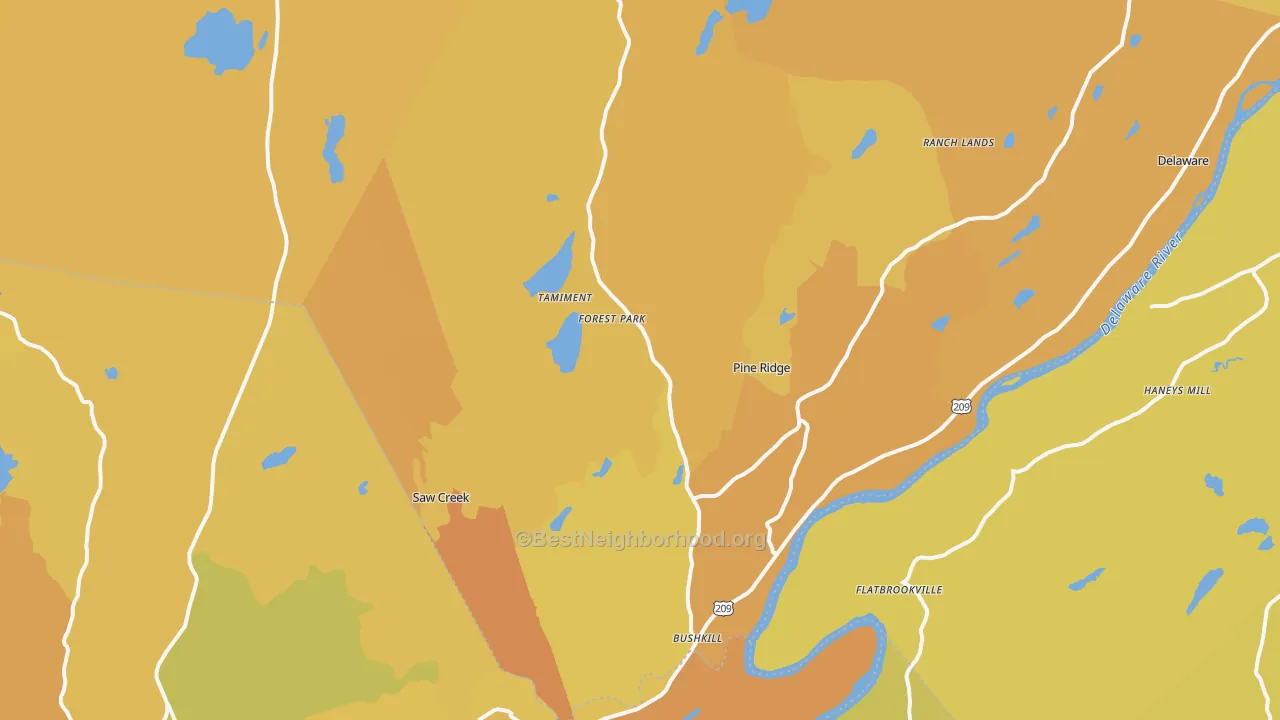 Map of the best neighborhoods in the Bushkill area, with better matches in green and worse matches in red