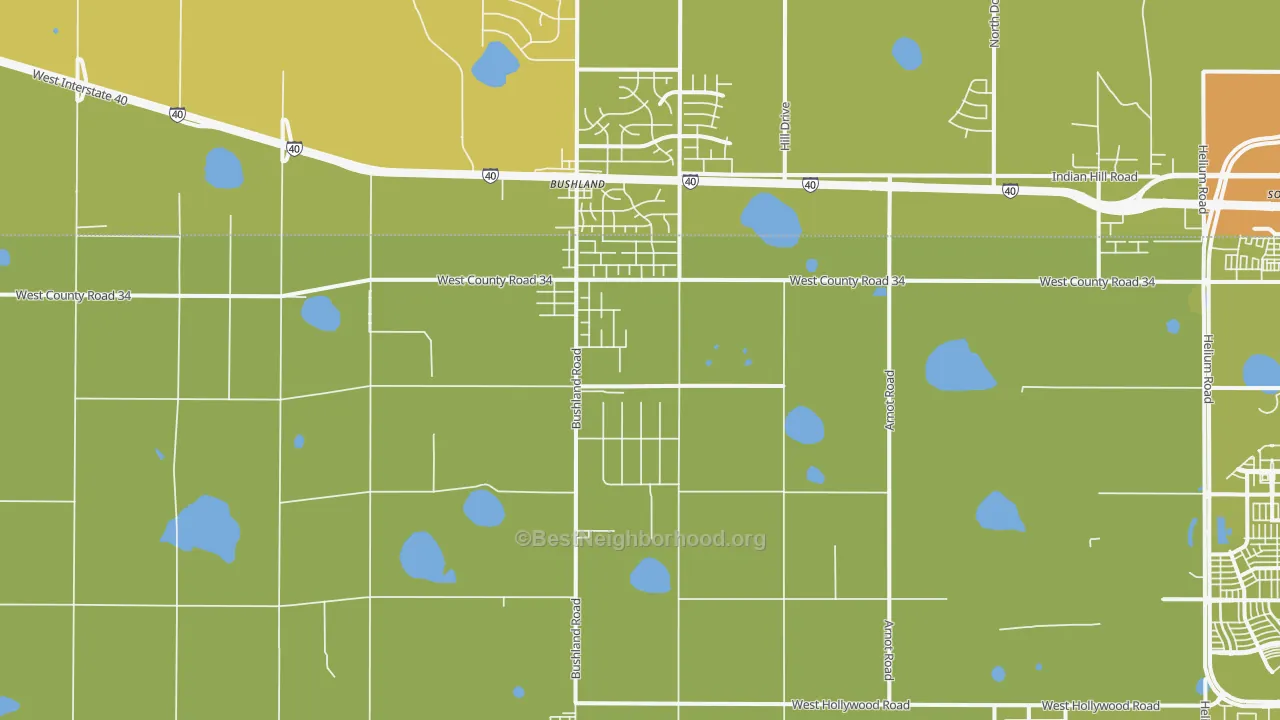 Map of the best neighborhoods in the Bushland area, with better matches in green and worse matches in red