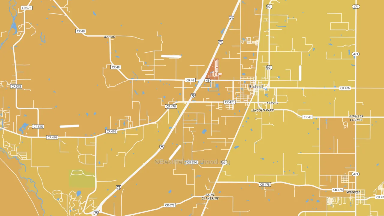 Map of the best neighborhoods in the Bushnell area, with better matches in green and worse matches in red
