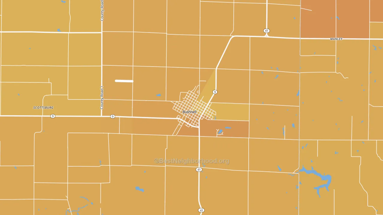 Map of the best neighborhoods in the Bushnell area, with better matches in green and worse matches in red