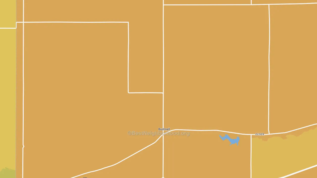 Map of the best neighborhoods in the Bushnell area, with better matches in green and worse matches in red